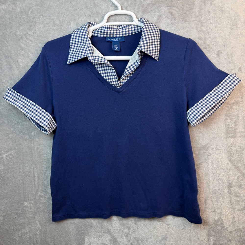 Karen Scott Knit Top Womens 1X‎ Blue Gingham Layered Collar V-Neck Short Sleeve
